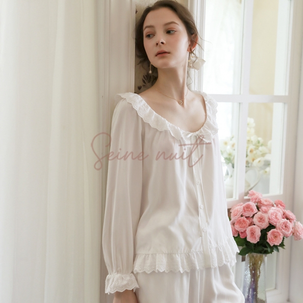 Pyjama Femme Coton à Revers Blanc