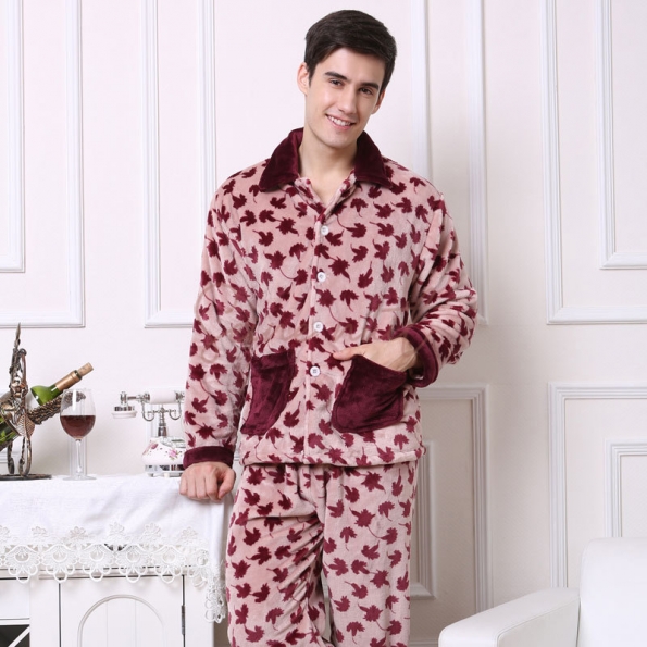 Pyjama Pilou Pilou Homme en Flanelle Rose Surpiqûres