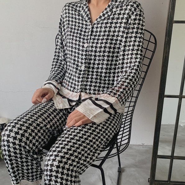 Ensemble Pyjama Satin Femme à Manches Longues Imprimé Pied-de-Poule