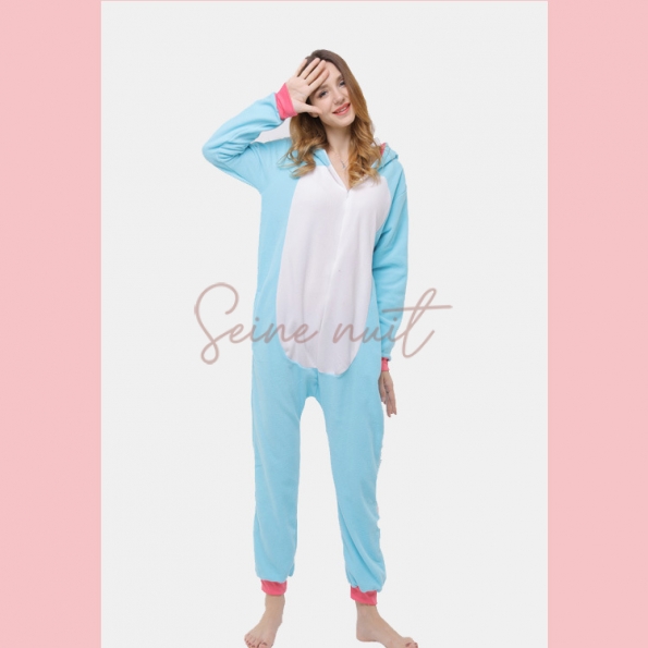 Combinaison Pyjama Licorne à Capuche Bleu Corne d'or Dessin Animé