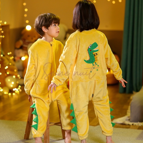 Combinaison Pyjama Enfant Dinosaure Vert Flanelle Jaune