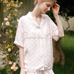 Pyjama Satin Femme Rose à Carreaux Color Block