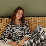 Ensemble Pyjama Satin Femme à Manches Longues Imprimé Pied-de-Poule