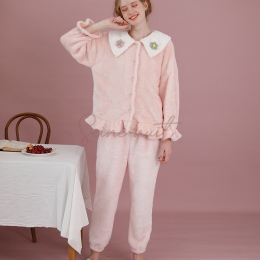 Pyjama Femme Polaire Deux Pièces Chaud Col Fleuri