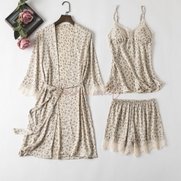 Ensemble Pyjama Sexy Femme Short à Bretelles Léopard Trois Pièces en Dentelle