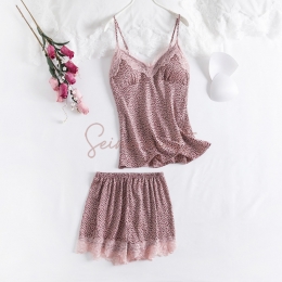 Pyjama Sexy Deux Pièces en Satin avec Motif Léopard pour Femmes