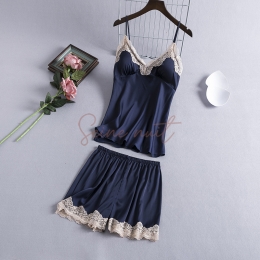 Pyjama Sexy en Satin Sans Manches Marine pour Femmes