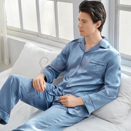 Pyjama Homme Eté 100% Soie de Mûrier Bleu Gris