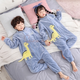 Combinaison Pyjama Enfant Dinosaure Jaune Flanelle Bleu