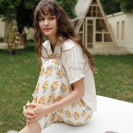 Pyjama Satin Femme Chrysanthème Petites Etamines Jaunes