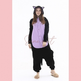 Combi Pyjama à Capuche Chat Noir Chat Bleu Violet Dessin Animé Visage Blanc