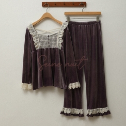 Ensemble Pyjama Velours Femme Violet à Manches Longues