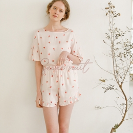 Pyjama Satin Femme à Col Rond et Feuille de Lotus