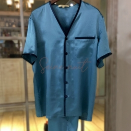 Pyjama Homme Eté à Manches Courtes Grande Taille en Soie Bleu Vanille