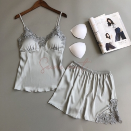 Pyjama Deux Pièces en Dentelle Unie Gris Clair