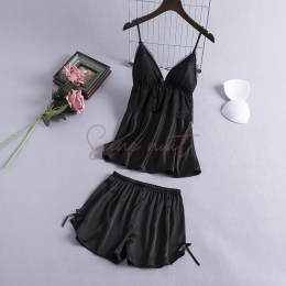 Pyjama Sexy en Satin Sans Manches Noir pour Femmes