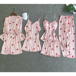 Pyjama Cinq Pièces en Soie Sexy Fraise