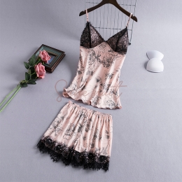 Pyjama Sexy d'été à Bretelles en Soie Glacée Costume Deux Pièces