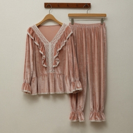 Ensemble de Pyjama en velours Rose à Manches Longues pour Femmes
